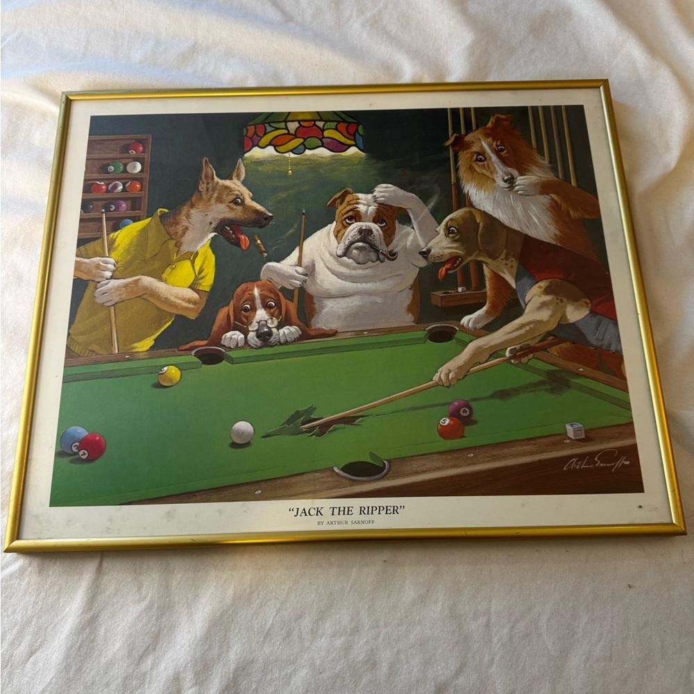 Vintage Arthur Sarnoff “Jack the Ripper” Dogs Playing Pool Framed Art Print